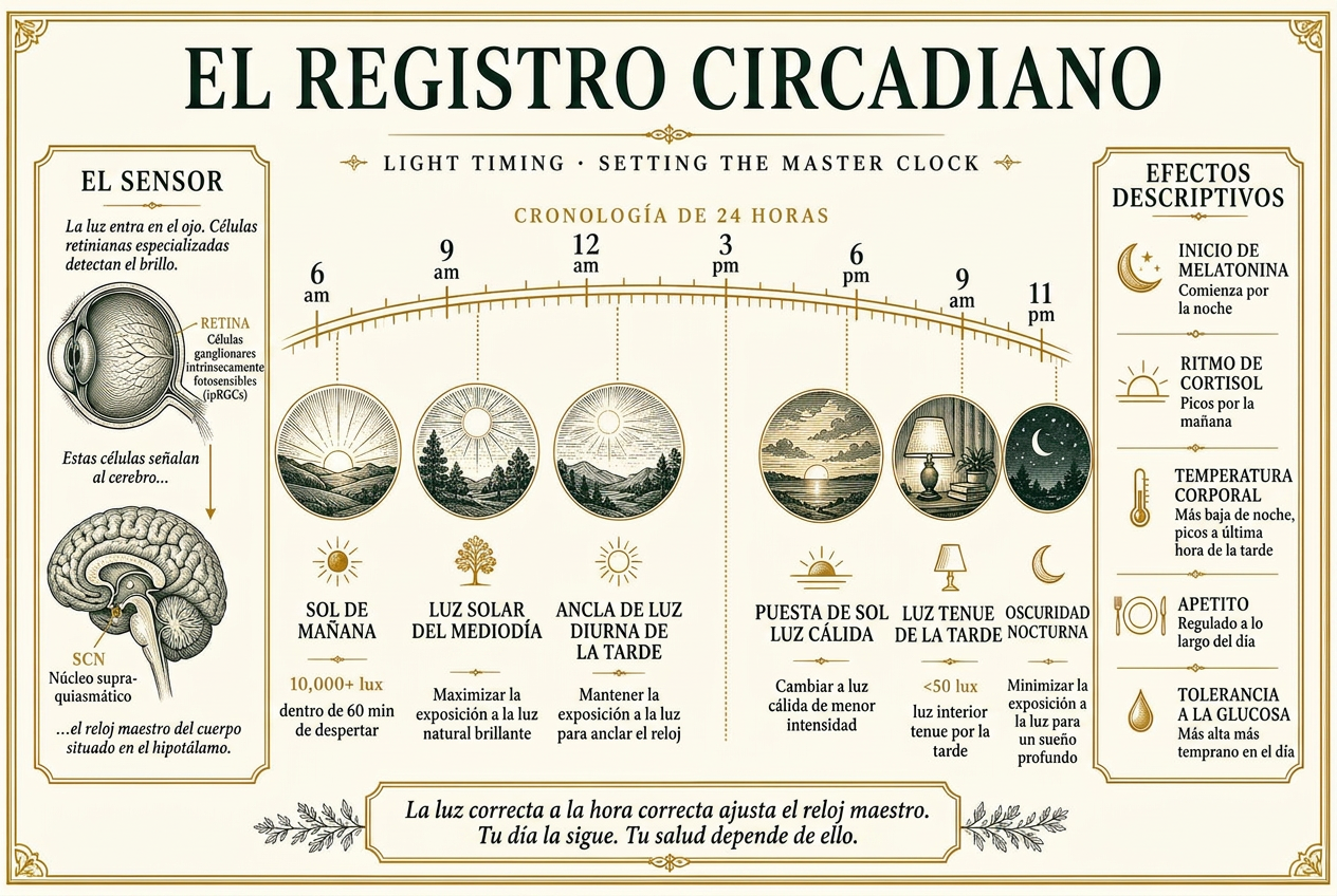Infografía de una línea de tiempo de exposición a la luz durante 24 horas, del sol matutino a la oscuridad nocturna, con el sensor retiniano de melanopsina y las salidas circadianas posteriores