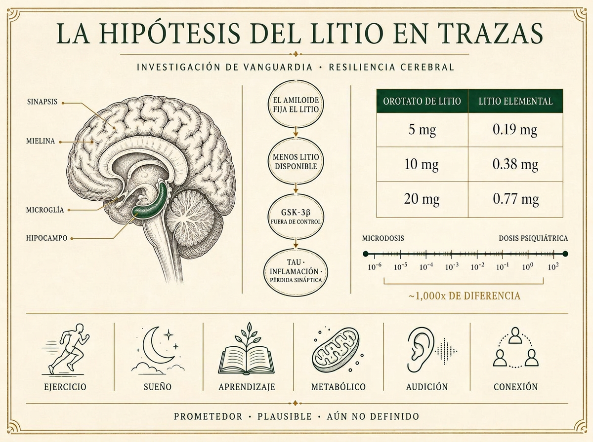 Infografía editorial sobre litio en dosis bajas: escala de dosis desde niveles traza en el agua hasta la dosis psiquiátrica, mecanismos neuroprotectores y necesidades de monitoreo