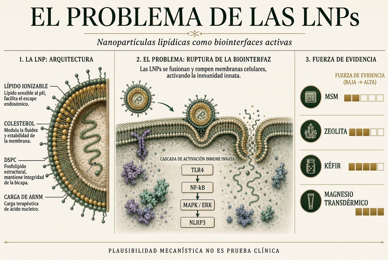Infografía que muestra la estructura de una nanopartícula lipídica, la disrupción de membrana y la cascada de señalización inflamatoria, y una calificación de fortaleza de evidencia para cuatro componentes del protocolo de desintoxicación