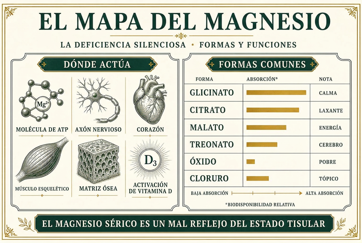 Lámina editorial que mapea las funciones del magnesio en ATP, nervio, corazón, músculo y hueso junto con una comparación de formas suplementarias y su absorción