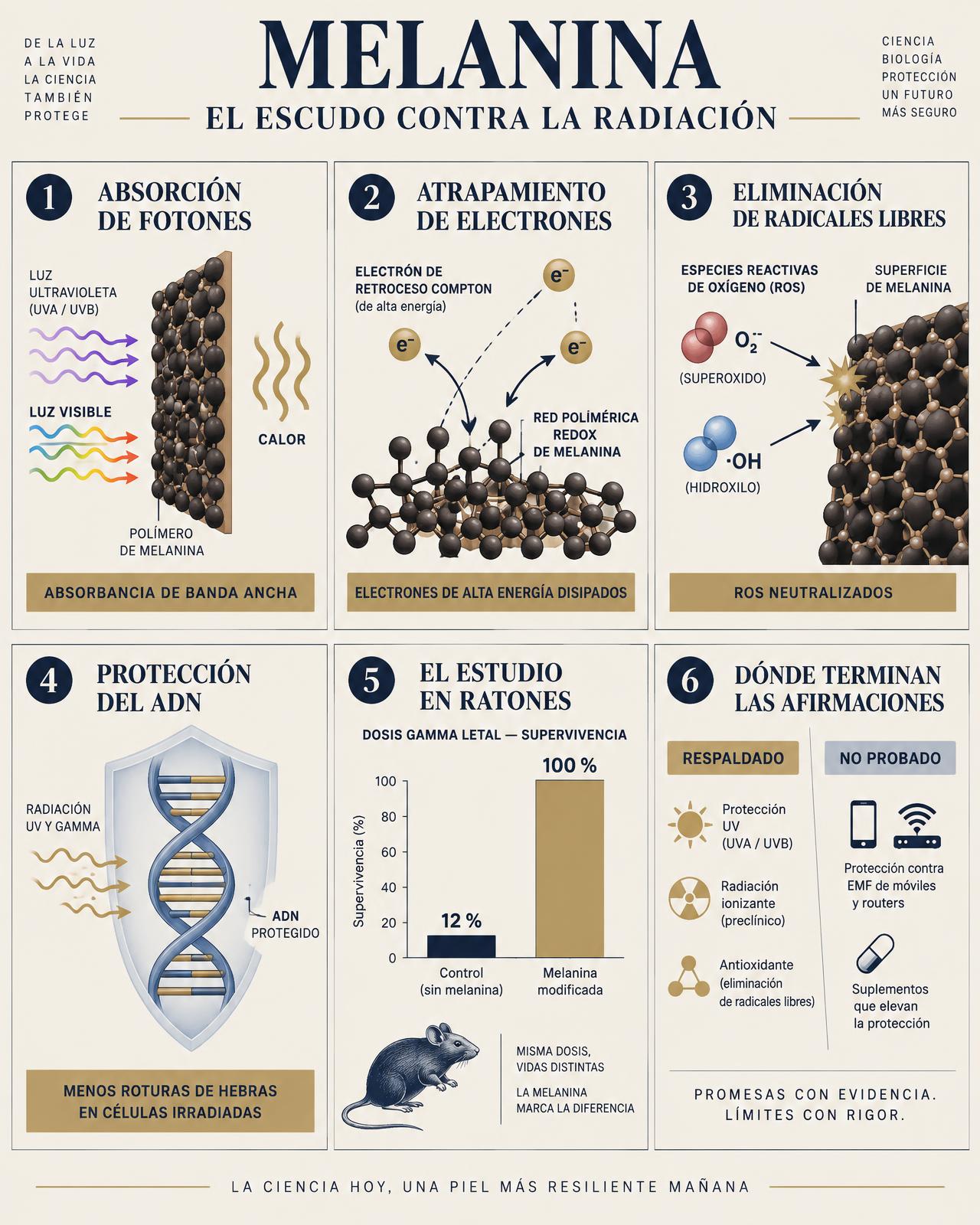 Lámina infográfica editorial que muestra la melanina como escudo de amplio espectro frente a la radiación: una barra espectral desde rayos gamma y rayos X hasta luz ultravioleta, visible e infrarroja con la melanina absorbiendo en todo el rango, un diagrama de los cuatro mecanismos radioprotectores de absorción de fotones, captura de electrones de retroceso Compton, neutralización de especies reactivas de oxígeno y…