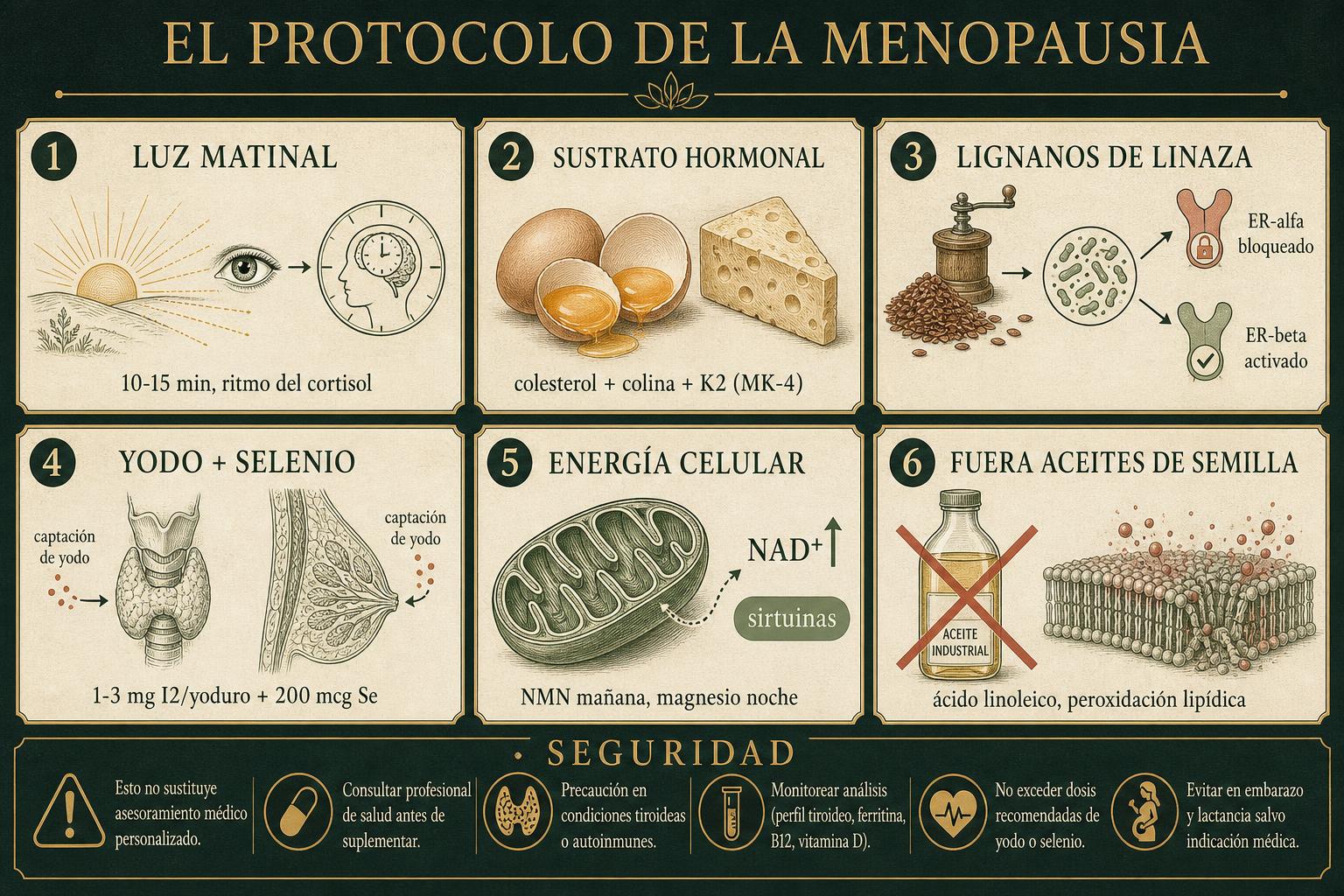Lámina infográfica editorial con seis paneles de un protocolo para la menopausia: la luz solar matinal entrando por el ojo y ajustando el reloj del núcleo supraquiasmático para una respuesta de cortisol nítida al despertar, huevos de gallina libre con yema líquida y queso de pastoreo que aportan colesterol, colina y vitamina K2 en forma MK-4, lignanos de linaza recién molida convertidos por las bacterias…