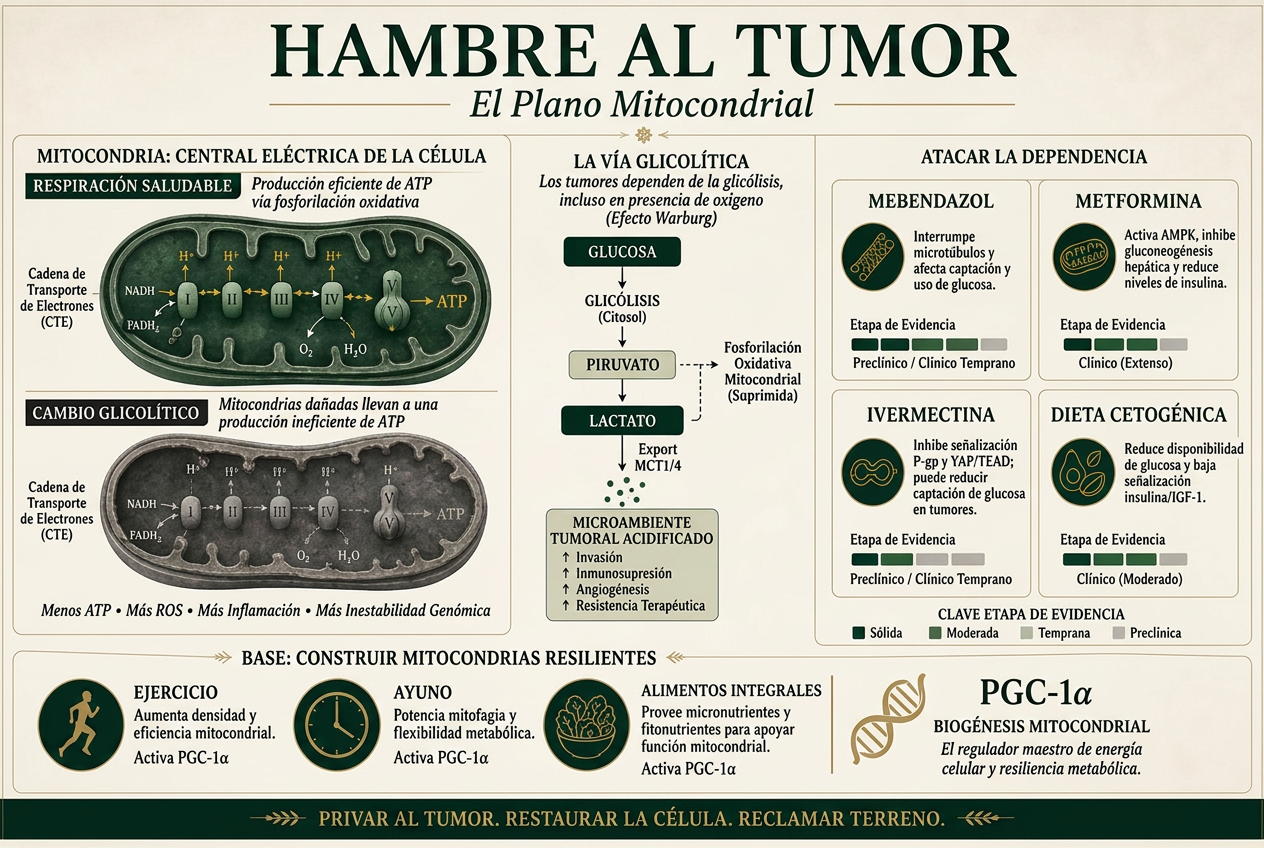 Infografía editorial que contrasta la respiración mitocondrial saludable con el cambio glucolítico, la vía de glucosa a lactato, cuatro terapias metabólicas reutilizadas con barras de nivel de evidencia, y los factores del estilo de vida que impulsan al PGC-1alfa.