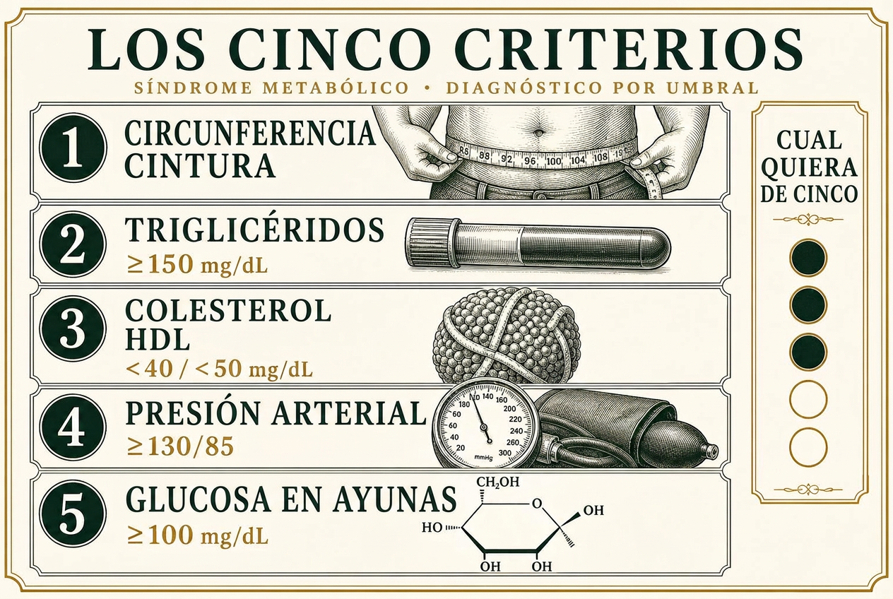 Infografía que muestra los cinco criterios diagnósticos del síndrome metabólico — circunferencia de cintura, triglicéridos, colesterol HDL, presión arterial y glucosa en ayunas — con la regla de tres de cinco