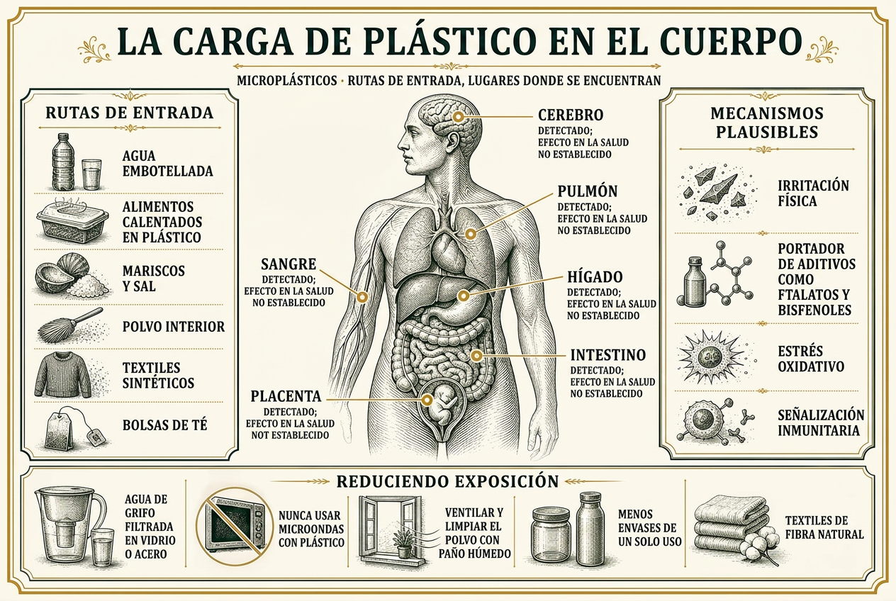 Infografía de las vías de entrada de microplásticos, los órganos donde se han detectado partículas, mecanismos plausibles y reducción práctica de exposición