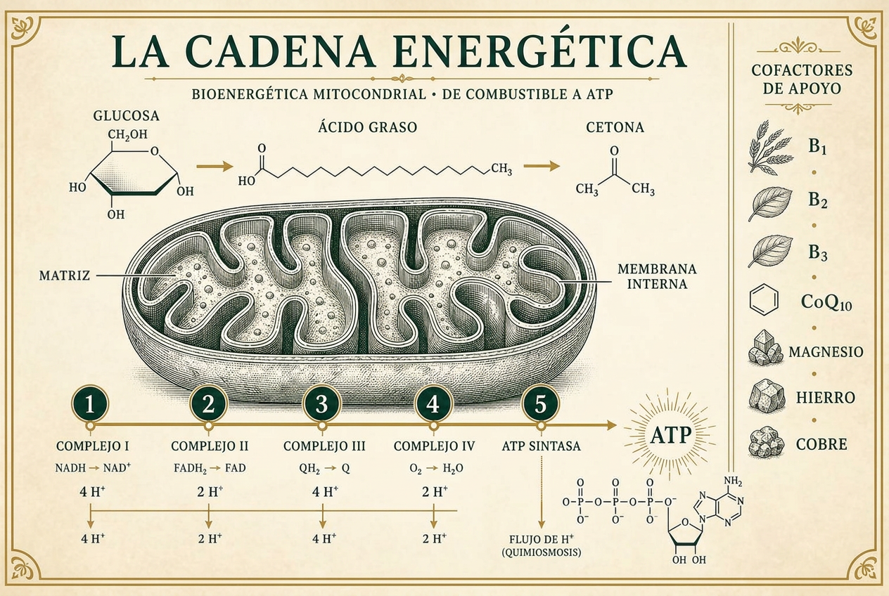 Infografía de un corte transversal de una mitocondria con los cinco complejos de la cadena de transporte de electrones, los insumos de combustible y los cofactores de apoyo