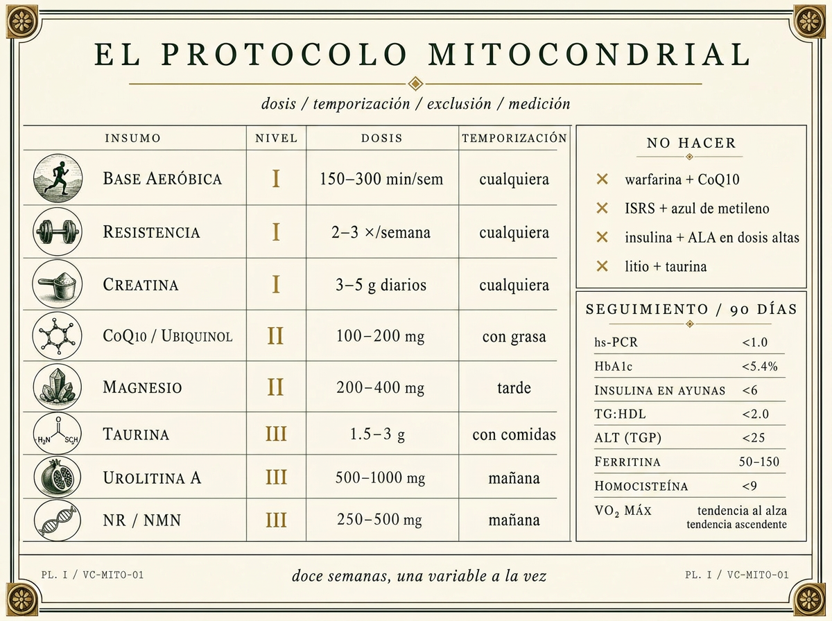 Lámina editorial con el protocolo mitocondrial, niveles de evidencia, dosis orientativas y biomarcadores de seguimiento.