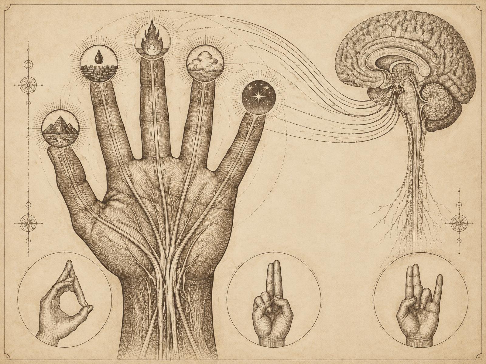 Lámina grabada de una mano humana asociada a los cinco elementos, con las posiciones de los mudras Gyan, Prana y Vayu y vías nerviosas hacia el cerebro.