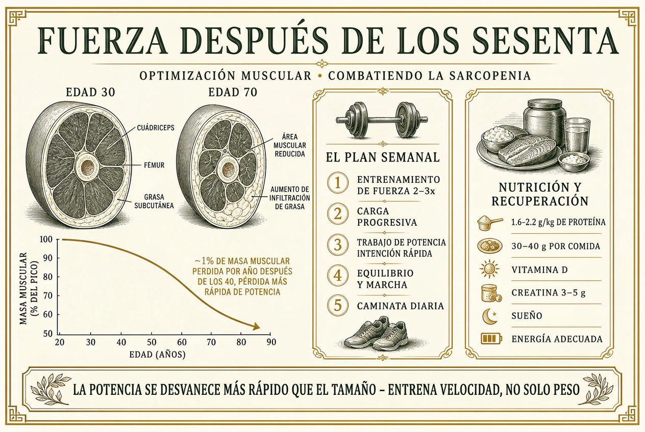 Infografía que compara secciones transversales del músculo del muslo a los 30 y 70 años con un plan de entrenamiento semanal y objetivos nutricionales para preservar la masa magra