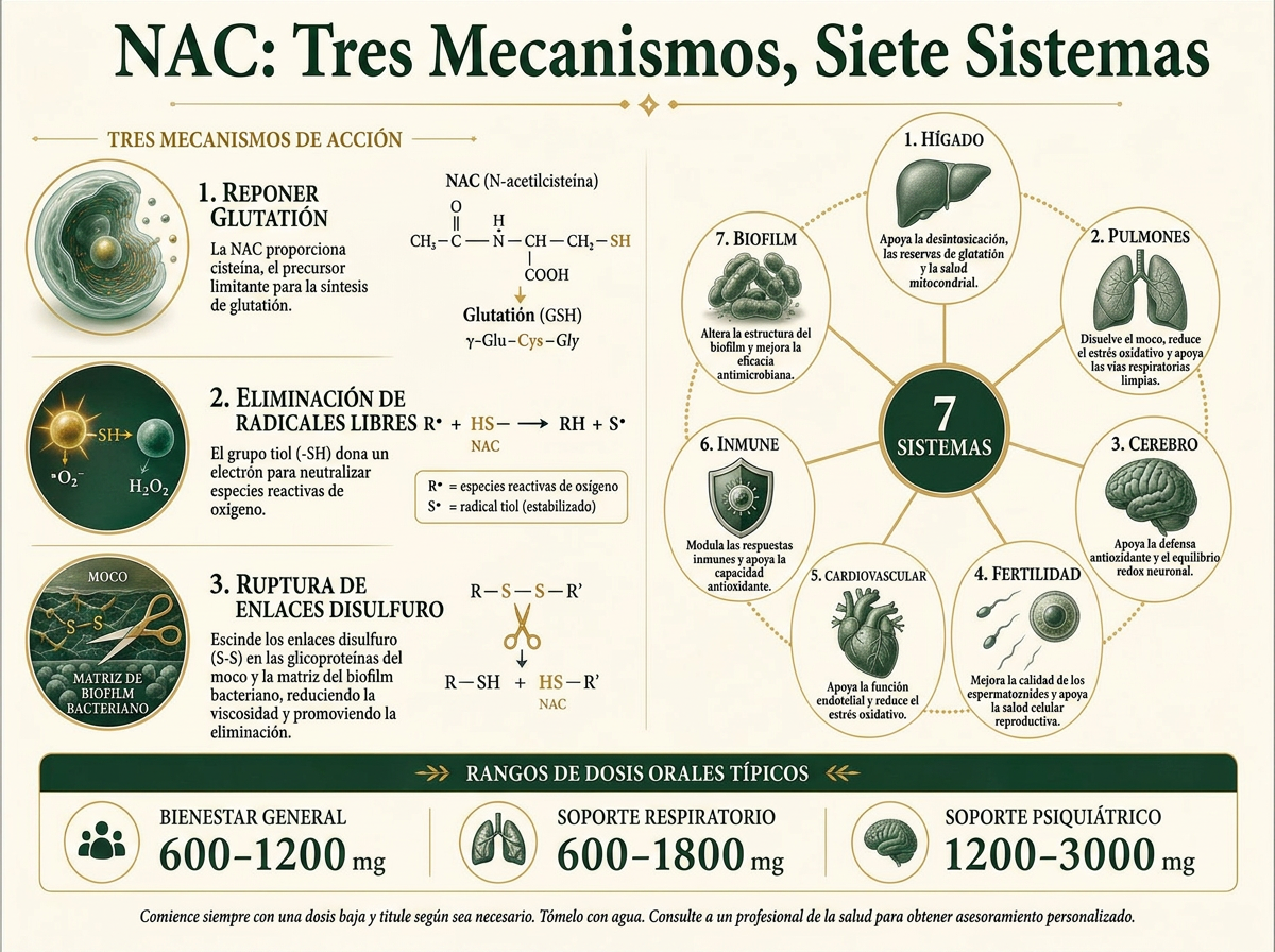 Infografía editorial sobre la N-acetilcisteína: la vía del glutatión, la acción mucolítica en la vía aérea, rangos de dosis y calidad de la evidencia por caso de uso