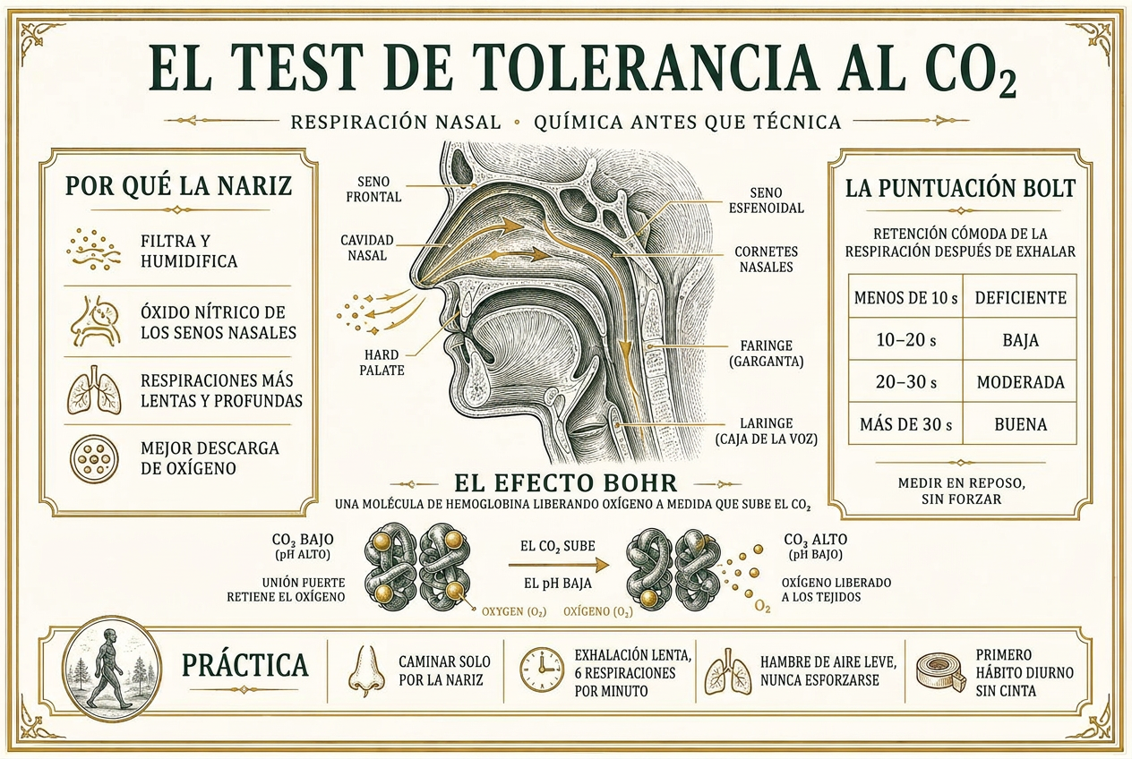Infografía de la anatomía de la vía nasal, el efecto Bohr liberando oxígeno a medida que sube el CO2, y una tabla de puntajes BOLT de retención de la respiración