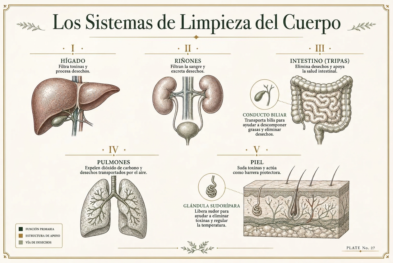 Infografía editorial sobre la desintoxicación real: vías hepáticas de fase I y fase II, rutas de eliminación y los nutrientes que requiere cada paso