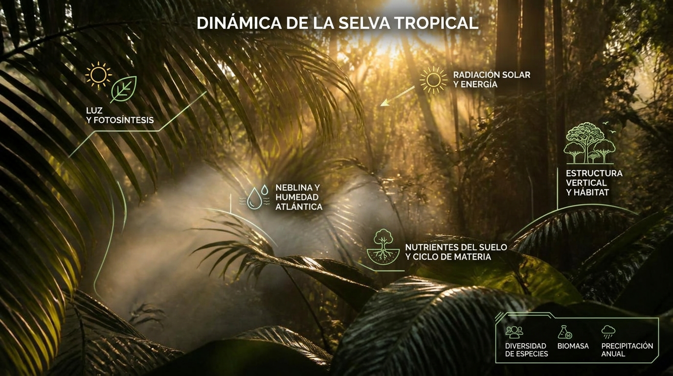 Luz solar matutina a través de follaje tropical que representa la luz natural y la salud circadiana.