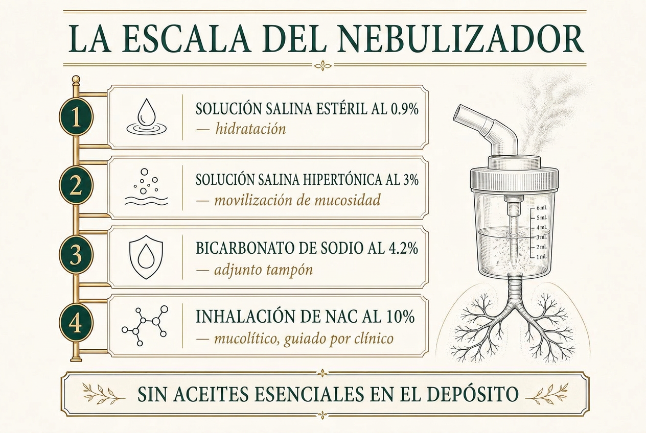 Lámina editorial que muestra la escalera de cuatro pasos del nebulizador, desde la solución salina estéril hasta el NAC guiado por un clínico