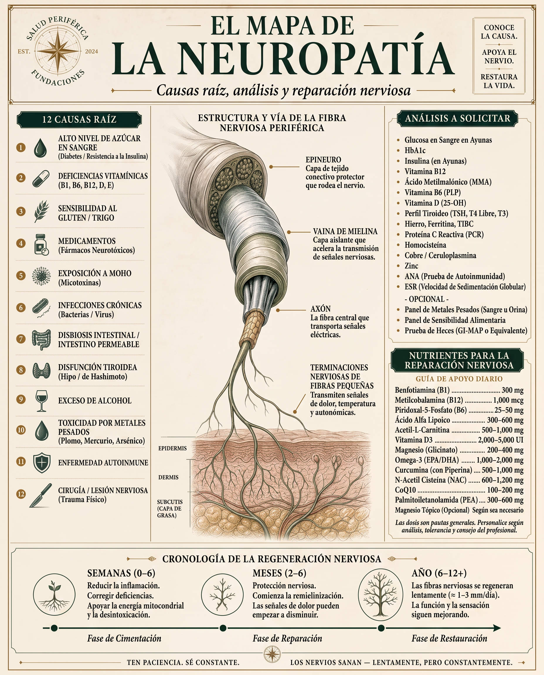 Infografía editorial titulada El Mapa de la Neuropatía que muestra doce causas de raíz, anatomía del nervio periférico, análisis a solicitar, nutrientes de reparación nerviosa y una línea de tiempo de regeneración
