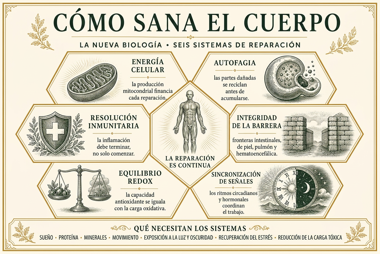 Rueda infográfica de seis sistemas de reparación: energía celular, autofagia, resolución inmune, integridad de barrera, balance redox y sincronización de señales