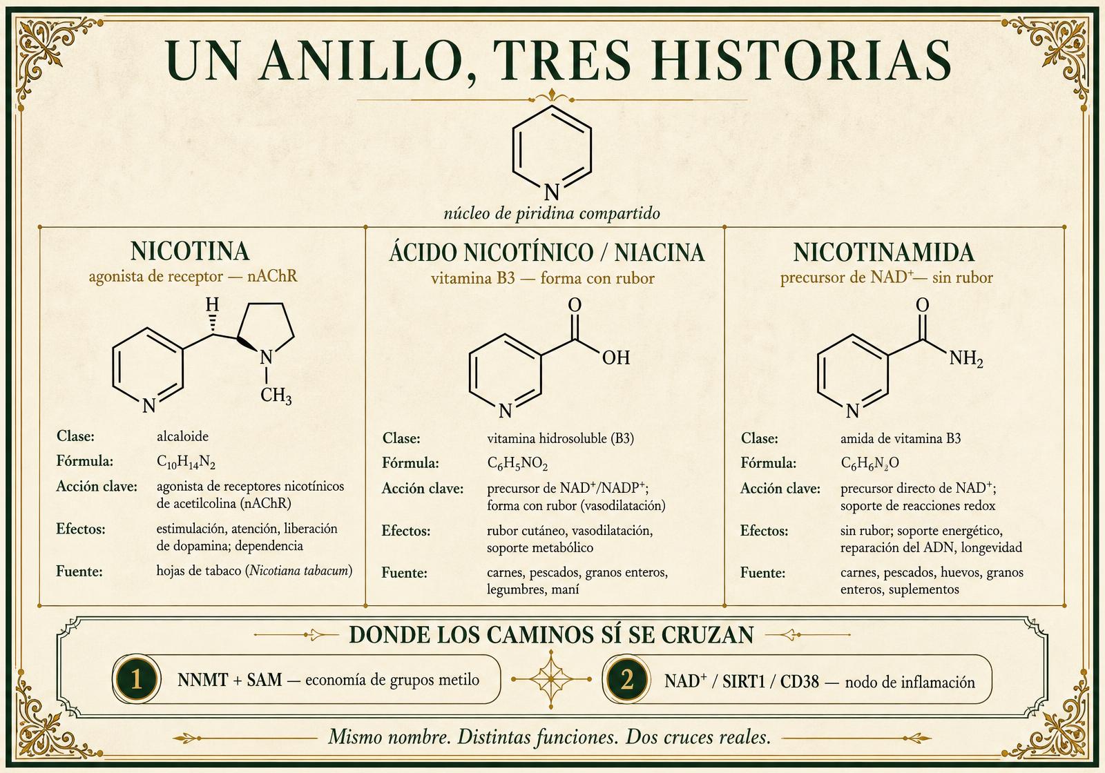 Lámina infográfica editorial que muestra un anillo de piridina compartido sobre tres columnas — la nicotina como agonista de receptores nicotínicos, el ácido nicotínico como la forma con rubor de la vitamina B3 y la nicotinamida como precursor de NAD+ sin rubor — con una banda inferior que señala los dos cruces genuinos: NNMT con SAM en la economía de grupos metilo, y el nodo de inflamación NAD+, SIRT1 y CD38.