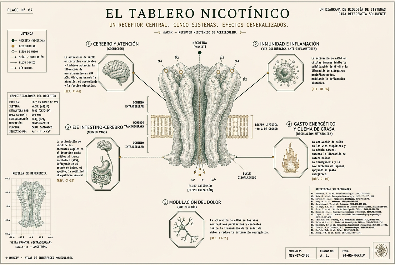 Infografía editorial de un receptor nicotínico de acetilcolina con cinco sistemas radiales: cerebro y atención, inmunidad e inflamación, eje intestino-cerebro, gasto energético y quema de grasa, y modulación del dolor.