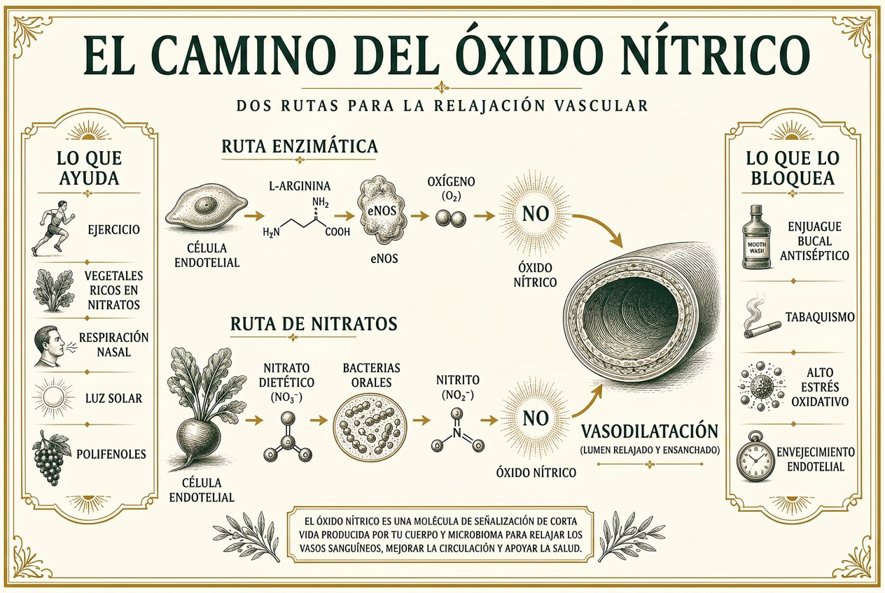 Infografía de las dos vías del óxido nítrico — la ruta enzimática eNOS y la ruta del nitrato dietético vía bacterias orales — que convergen en la dilatación de los vasos