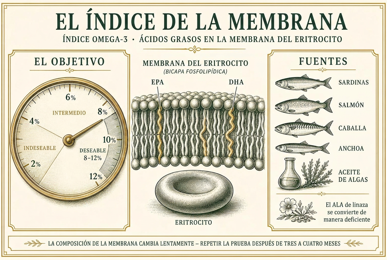 Infografía del medidor del índice omega-3 con el rango objetivo, EPA y DHA dentro de una membrana fosfolipídica de glóbulo rojo, y fuentes alimentarias