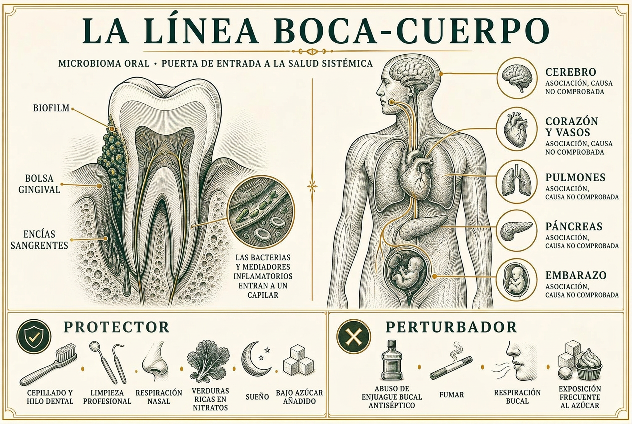 Infografía que vincula el biofilm oral y la inflamación de las encías con asociaciones sistémicas en el corazón, el cerebro, los pulmones, el páncreas y el embarazo