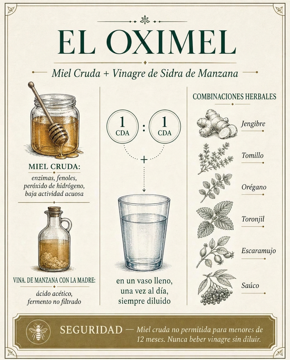 Infografía editorial sobre el oximiel de vinagre y miel: mecanismos del ácido acético, respuesta glucémica, dosis y dilución, y precauciones de esmalte y reflujo