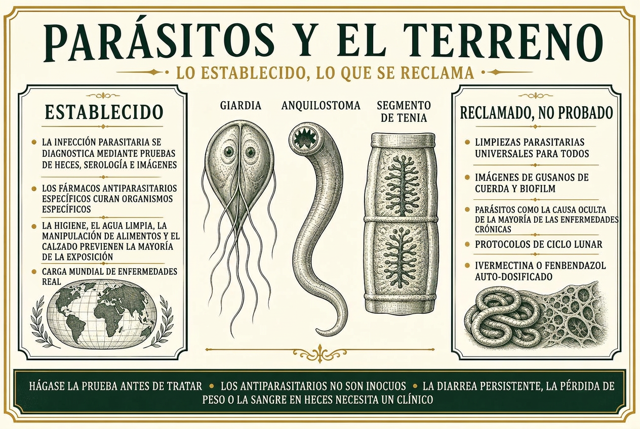 Infografía que separa la parasitología y el tratamiento establecidos de las afirmaciones no comprobadas sobre limpiezas y terreno