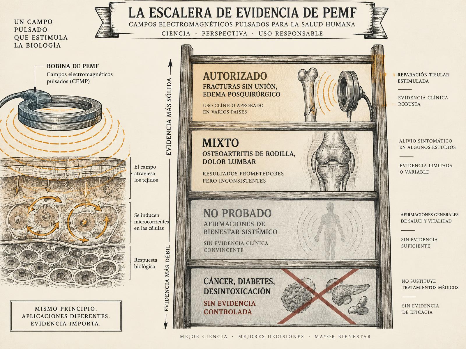 Lámina de escalera de evidencia que ordena las aplicaciones de PEMF desde la consolidación ósea y el edema posquirúrgico con autorización regulatoria hasta las afirmaciones de bienestar sin respaldo.