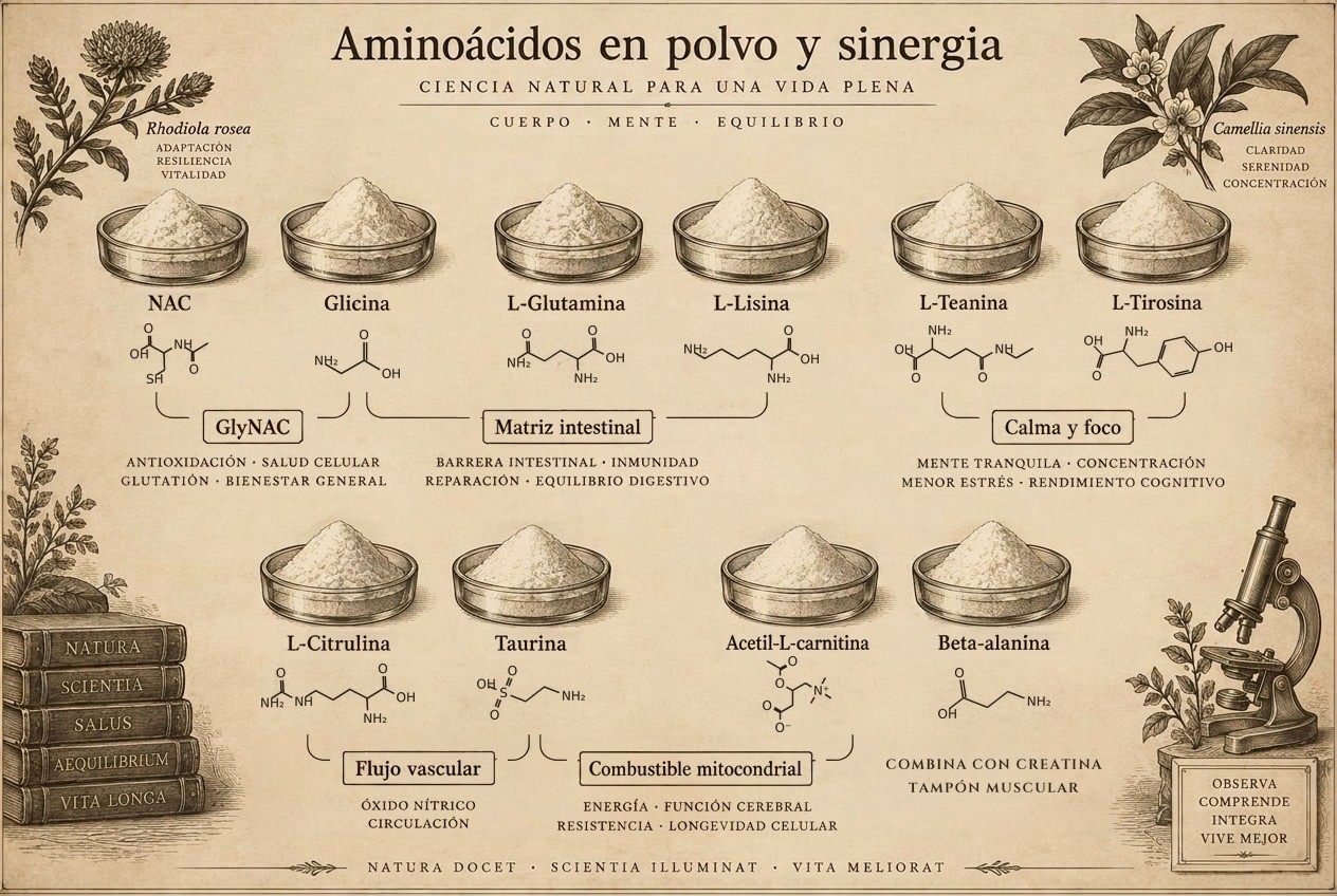 Lámina grabada con diez platos de boticario con aminoácidos en polvo y diagramas moleculares, unidos en cinco parejas sinérgicas como GlyNAC y flujo vascular