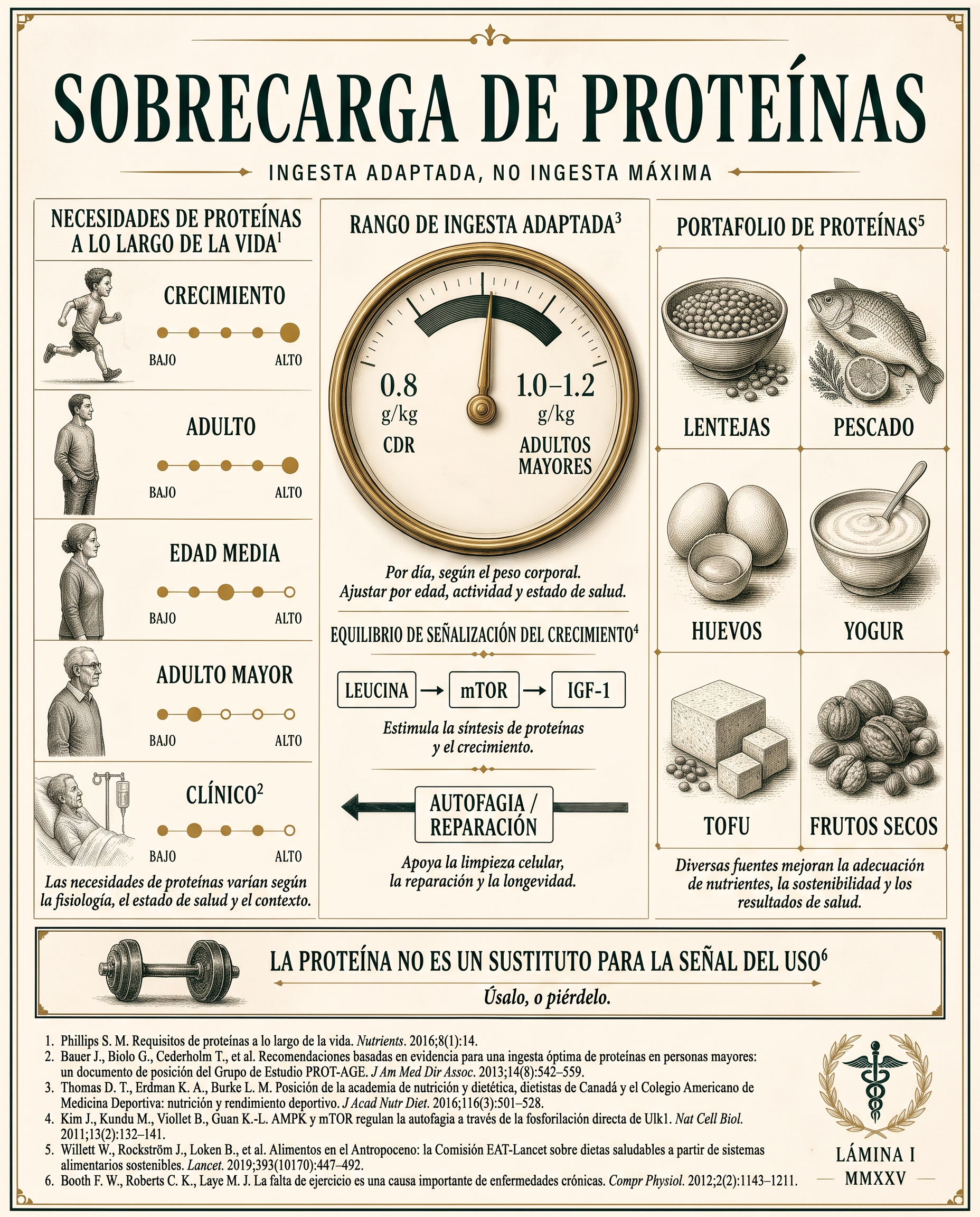 Lámina infográfica editorial que muestra la necesidad de proteína a lo largo del curso de la vida, un dial de ingesta ajustada de 0.8 a 1.2 gramos por kilogramo, la señal de crecimiento leucina–mTOR–IGF-1 frente a la autofagia y la reparación, y un portafolio de seis alimentos proteicos, en tonos esmeralda, latón y crema.