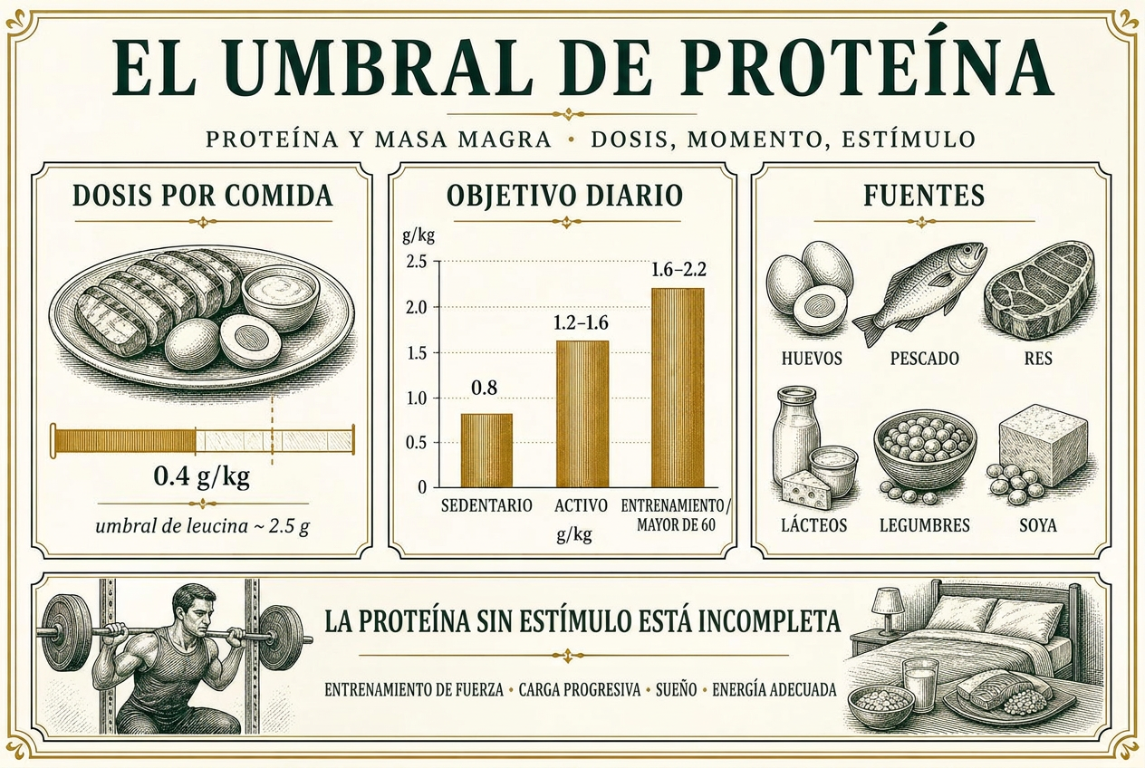 Infografía que muestra la dosis de proteína por comida, los objetivos diarios según el nivel de actividad, fuentes comunes de proteína y el estímulo de entrenamiento de resistencia necesario para la masa magra