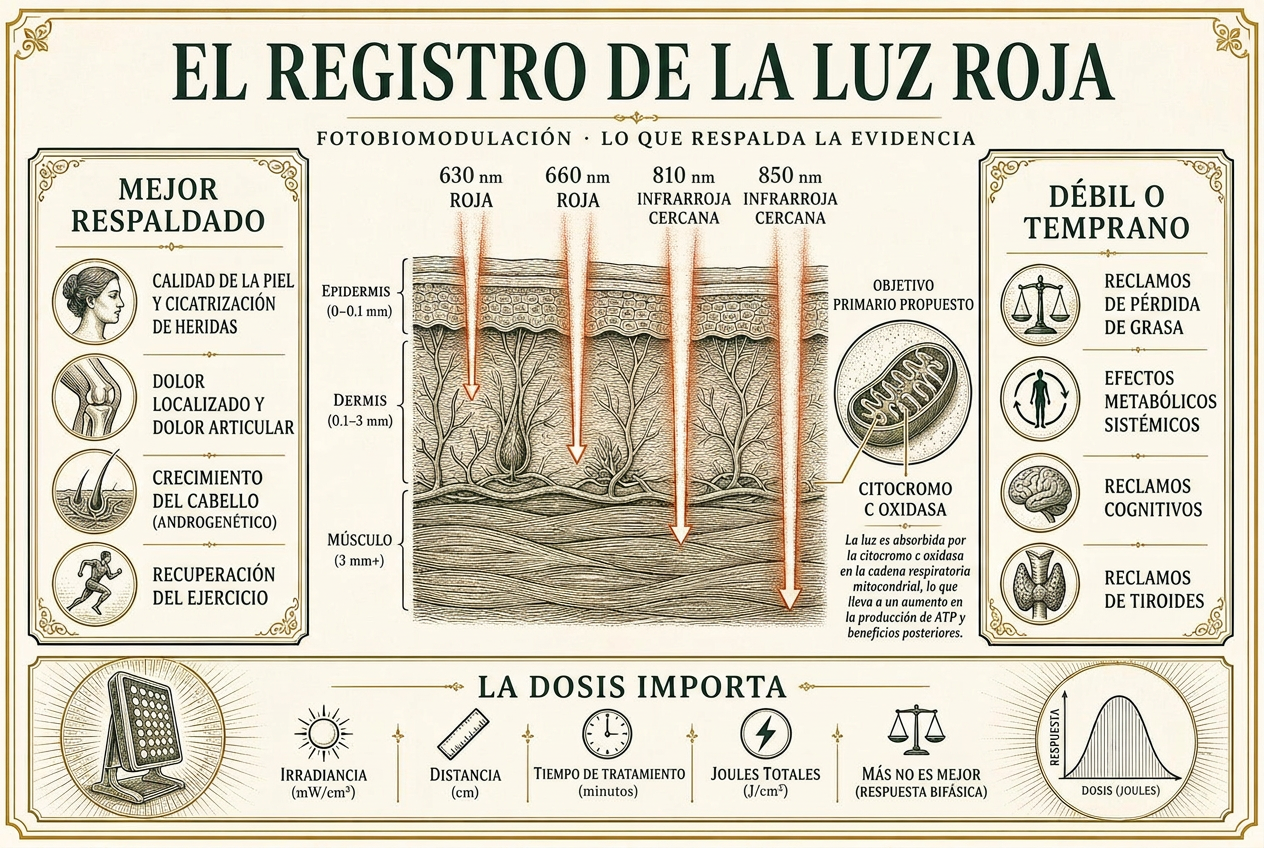 Infografía de longitudes de onda roja e infrarroja cercana penetrando las capas de la piel hacia la citocromo c oxidasa, con afirmaciones bien respaldadas frente a afirmaciones tempranas y variables de dosis