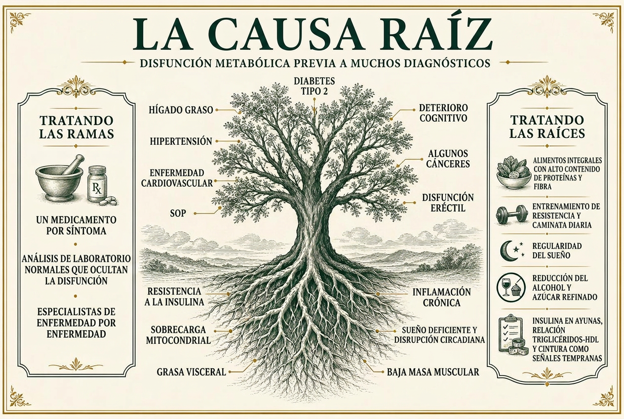 Infografía de un árbol que muestra raíces metabólicas como la resistencia a la insulina y la grasa visceral produciendo ramas de diagnósticos crónicos comunes