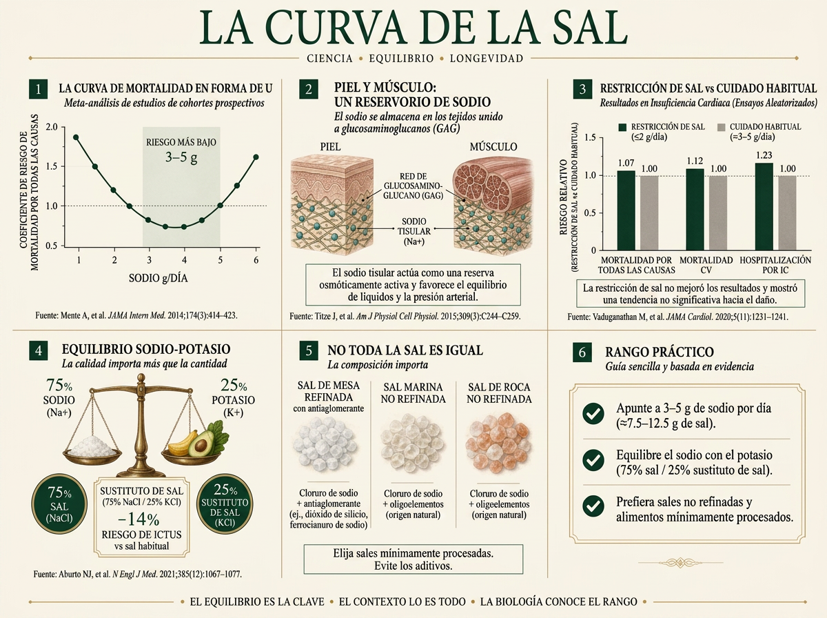 Lámina infográfica editorial que muestra la curva en U de mortalidad por sodio, el almacenamiento de sodio en piel y músculo, los resultados de los ensayos de restricción de sal en insuficiencia cardíaca, el equilibrio sodio-potasio y la sustitución de sal, la composición de la sal refinada frente a la no refinada, y un rango diario práctico.