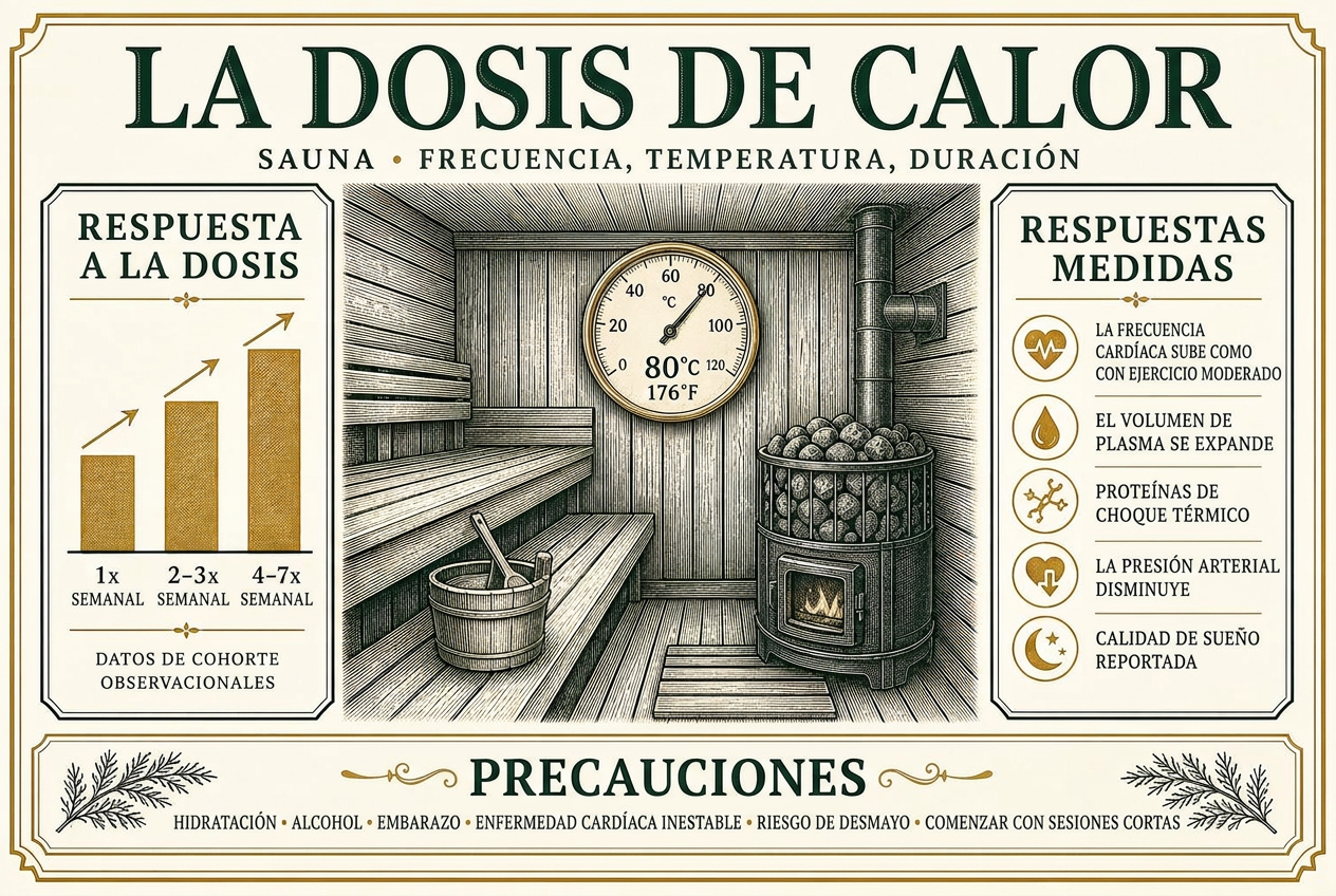 Infografía de la dosificación de calor en sauna que muestra la relación dosis-respuesta por frecuencia semanal, las respuestas fisiológicas medidas y las precauciones de seguridad