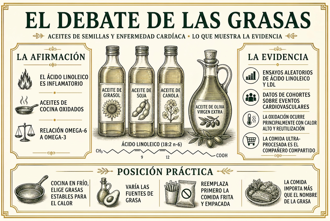 Infografía que contrasta afirmaciones comunes sobre los aceites de semillas con la evidencia de ensayos y cohortes, junto con orientación práctica de cocina