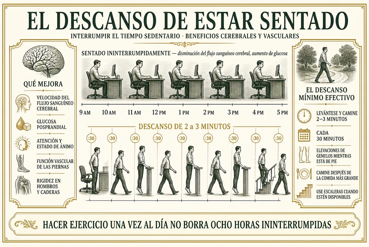 Infografía editorial sobre interrumpir el sedentarismo: curvas de glucosa y flujo sanguíneo en sedestación continua frente a interrumpida, y un horario práctico de pausas de movimiento