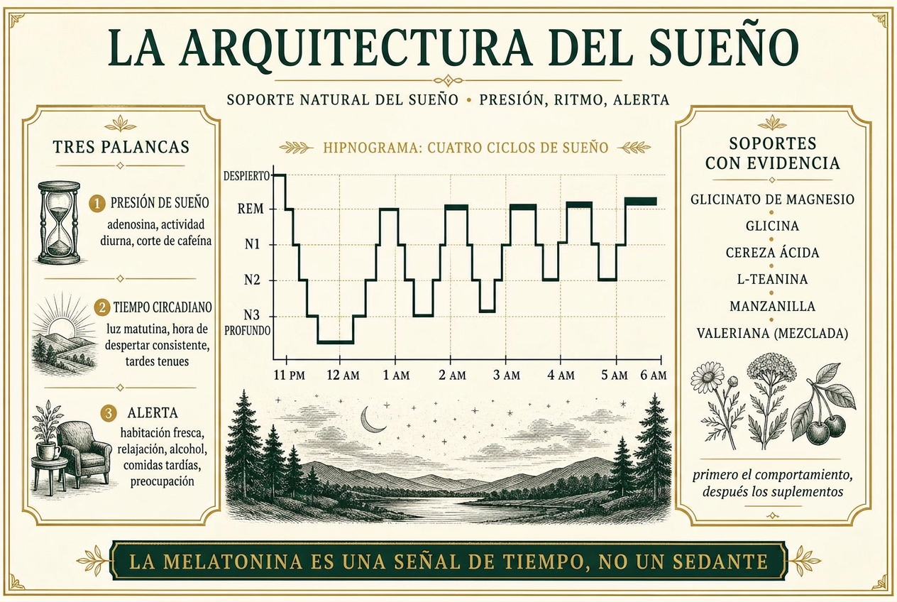 Infografía tipo hipnograma de cuatro ciclos de sueño a lo largo de la noche junto a las tres palancas de la presión de sueño, el horario circadiano y la activación