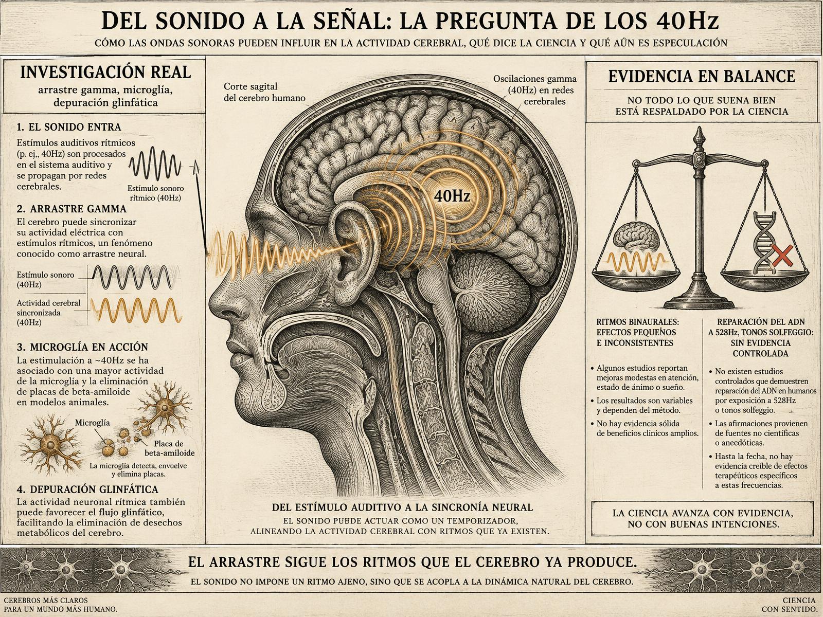 Lámina grabada que muestra una onda sonora entrando al oído y propagándose como oscilaciones gamma de 40 hercios por un corte transversal del cerebro, con una balanza de evidencia comparando ritmos binaurales e investigación en estimulación gamma.