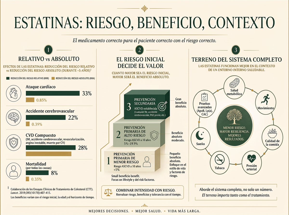 Infografía que contrasta la reducción de riesgo relativo y absoluto con estatinas, escenarios de prevención, y una estrategia cardiovascular integral