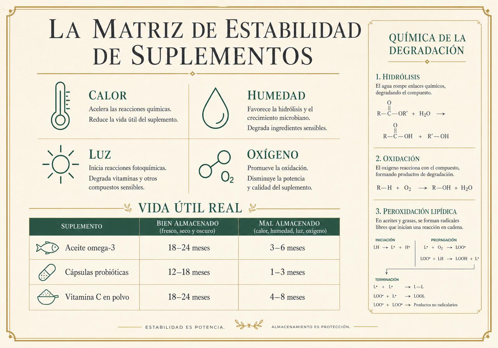 Lámina infográfica editorial que relaciona las cuatro fuerzas de degradación — calor, humedad, luz y oxígeno — con las clases de suplementos, con una comparación de vida útil de aceites omega-3, probióticos, vitamina C en polvo y vitaminas liposolubles, además de las reacciones de hidrólisis, oxidación y fotodegradación que explican cada fallo y la contramedida correspondiente.