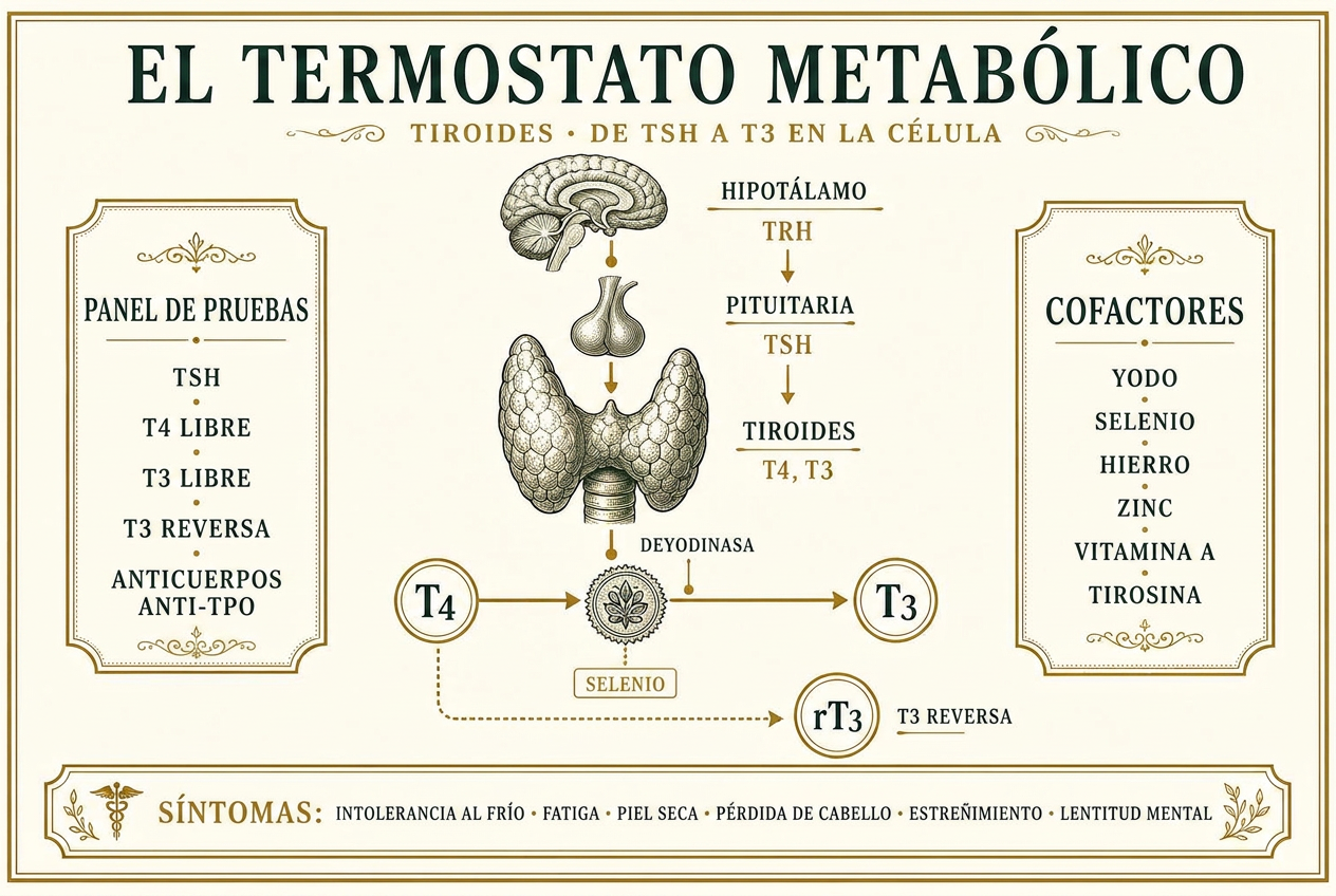 Infografía del eje de señalización tiroidea desde la TRH hipotalámica pasando por la TSH hasta la T4 y la conversión periférica a T3, con el panel de análisis y los cofactores