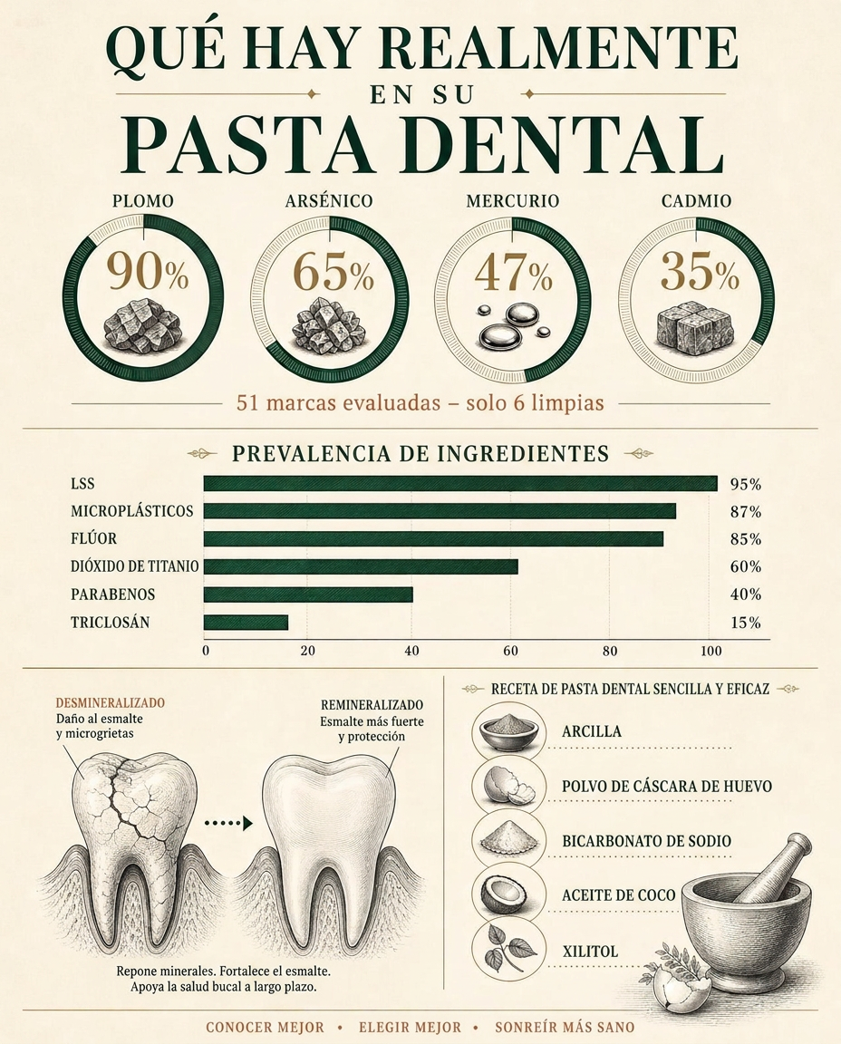 Infografía editorial sobre los ingredientes de la pasta dental: qué hace cada aditivo, la química de remineralización con hidroxiapatita y flúor, y una fórmula de pasta casera