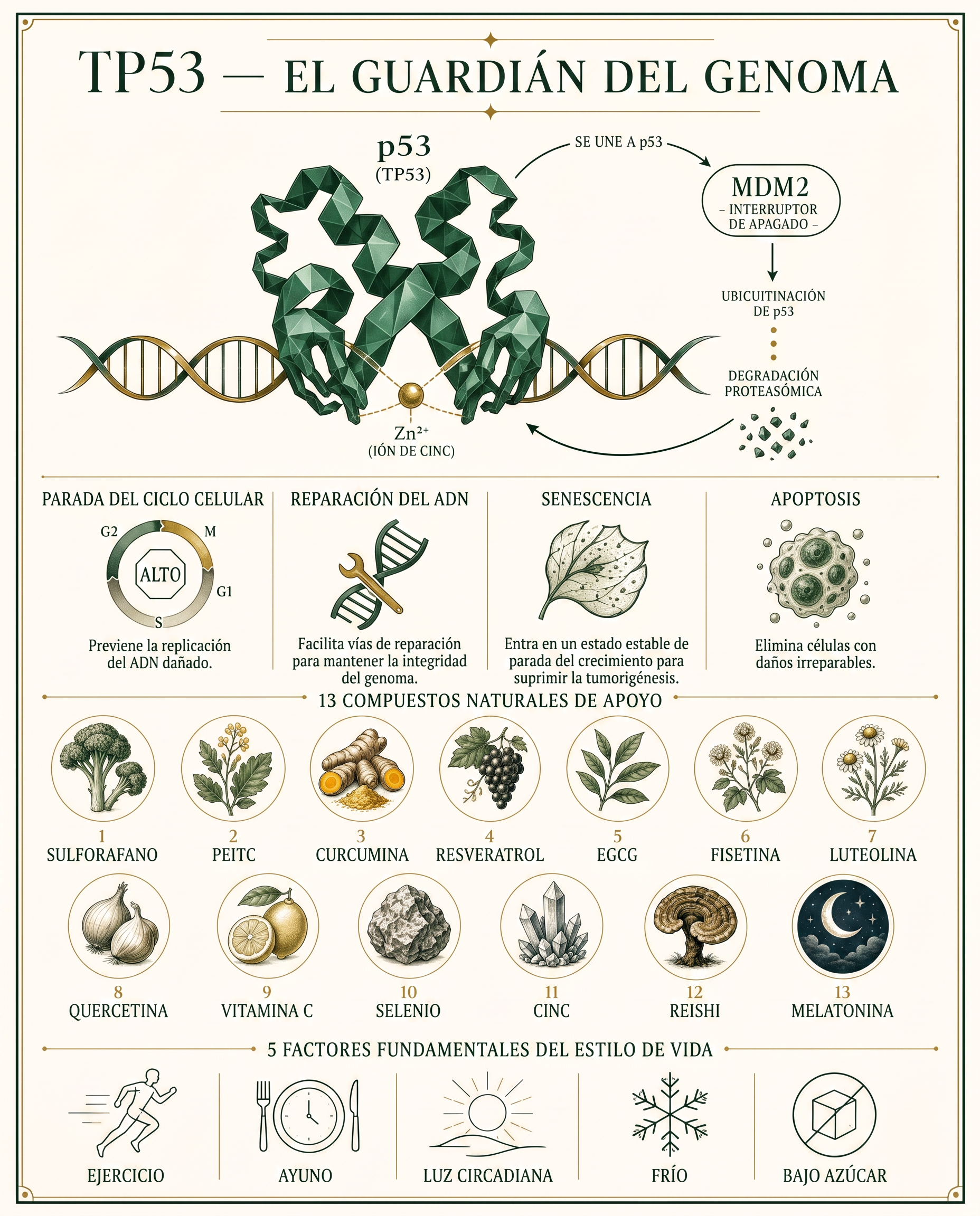 Infografía de la proteína p53 uniéndose al ADN con su ion de zinc y el interruptor de apagado MDM2, cuatro vías de resultado, trece compuestos naturales de apoyo y cinco factores de estilo de vida