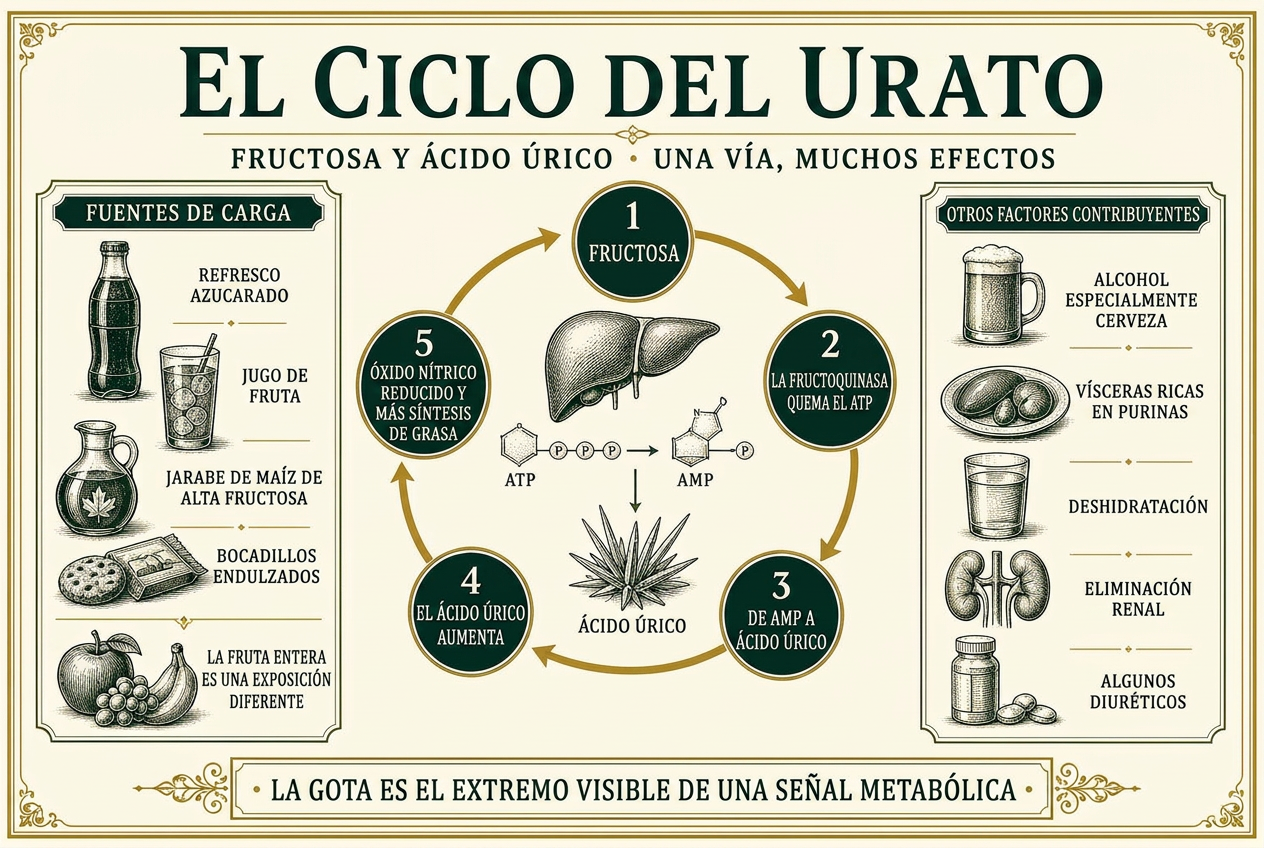 Infografía del ciclo de la fructosa al ácido úrico que muestra el agotamiento de ATP, la producción de urato, la reducción de óxido nítrico y el aumento de la síntesis de grasa, con las fuentes de la carga dietética