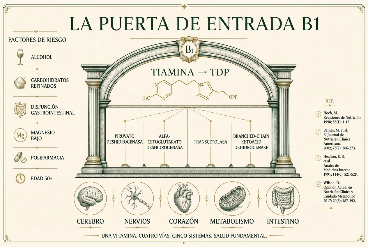 Lámina de Vital Codex que mapea la puerta energética de la tiamina: activación hacia TDP, las cuatro enzimas dependientes de tiamina, y los sistemas que fallan primero.
