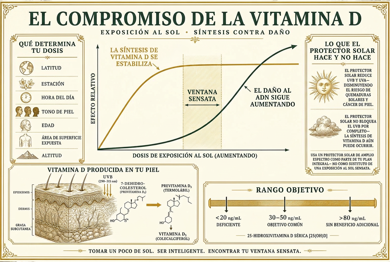 Infografía que muestra la síntesis de vitamina D estabilizándose mientras el daño al ADN sigue aumentando con la dosis solar, además de los factores que definen la dosis individual y los rangos objetivo en sangre