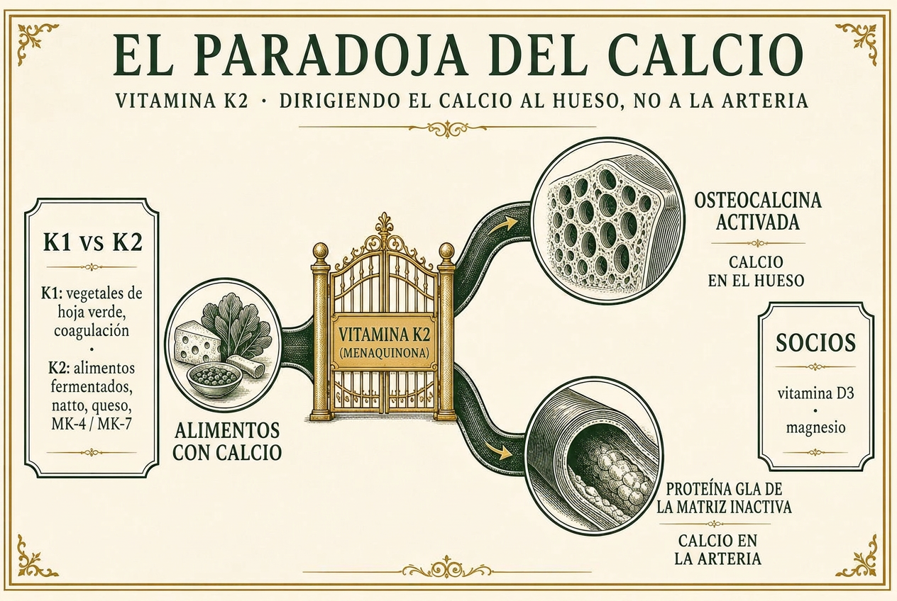 Infografía que muestra el calcio dietético pasando por una puerta de vitamina K2 hacia el hueso vía osteocalcina o hacia la placa arterial cuando la proteína Gla de matriz permanece inactiva