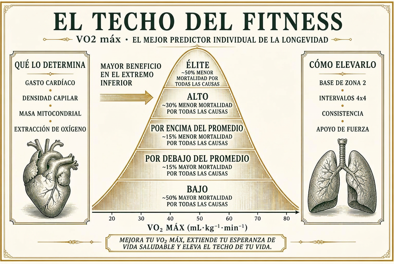 Infografía de las bandas de aptitud de VO2 max, de baja a élite, graficadas contra la mortalidad relativa por todas las causas, con determinantes y métodos de entrenamiento