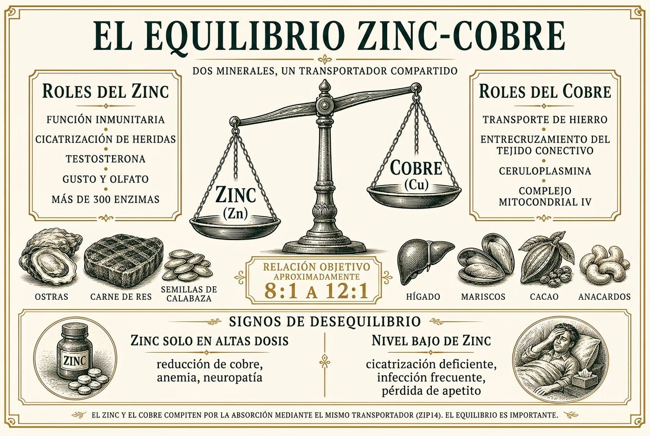 Infografía que equilibra las funciones del zinc y el cobre, su proporción de ingesta objetivo, fuentes alimentarias y las señales de desequilibrio en cualquier dirección